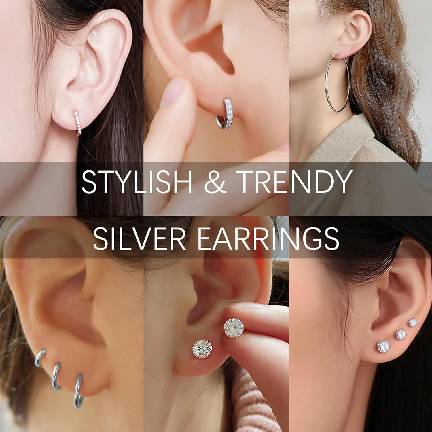 10 Pairs 14K Gold/Silver Plated Cubic Zirconia Earrings Set for Women, Hypoallergenic 925 Silver Cubic Zirconia Stud Earrings Pack For Girls Daily Life (10P Silver)