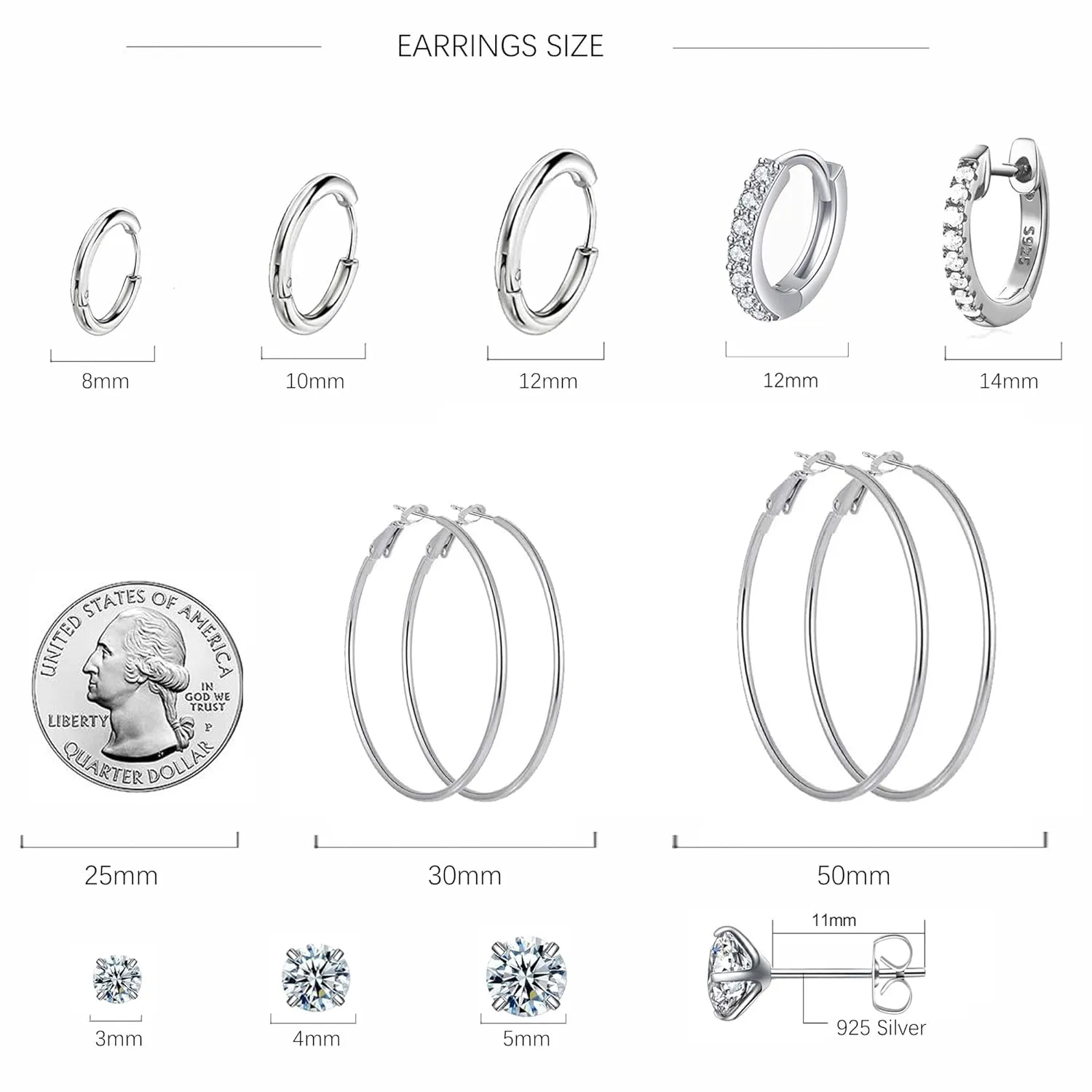 10 Pairs 14K Gold/Silver Plated Cubic Zirconia Earrings Set for Women, Hypoallergenic 925 Silver Cubic Zirconia Stud Earrings Pack For Girls Daily Life (10P Silver)