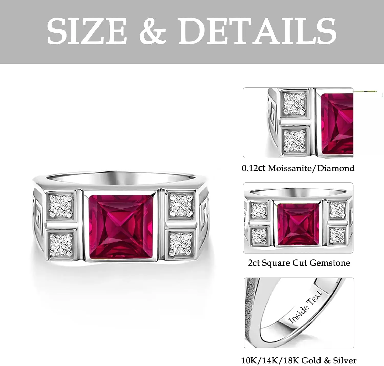 10K 14K 18K Gold 2 Carat Mens Square Gemstone Rings with Side Moissanite Princess Cut Gemstone Engagement Rings For Men/Father/Husband