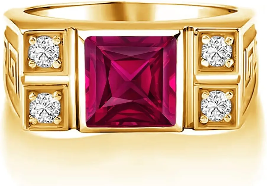 10K 14K 18K Gold 2 Carat Mens Square Gemstone Rings with Side Moissanite Princess Cut Gemstone Engagement Rings For Men/Father/Husband