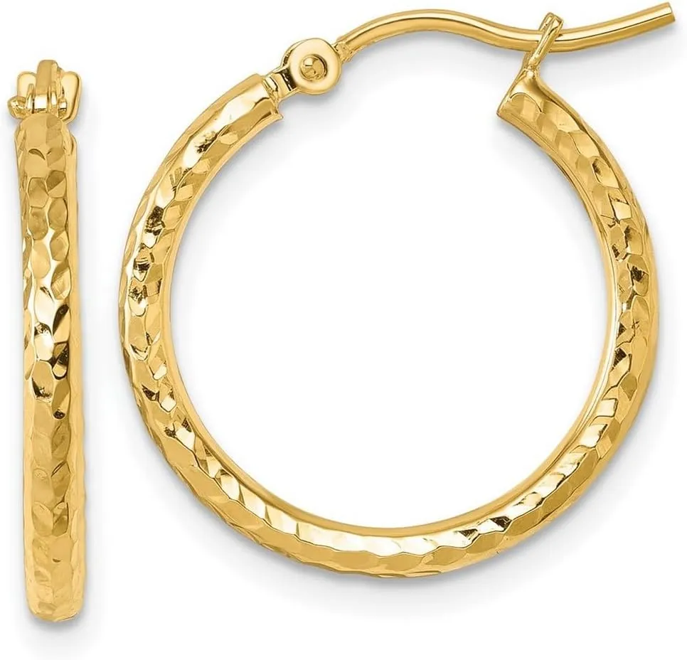 10k Solid Yellow Gold Sparkle Cut 2mm Round Tube Hoop Earrings 20x20mm Wide 2mm Thick-Hoop Earring for Women