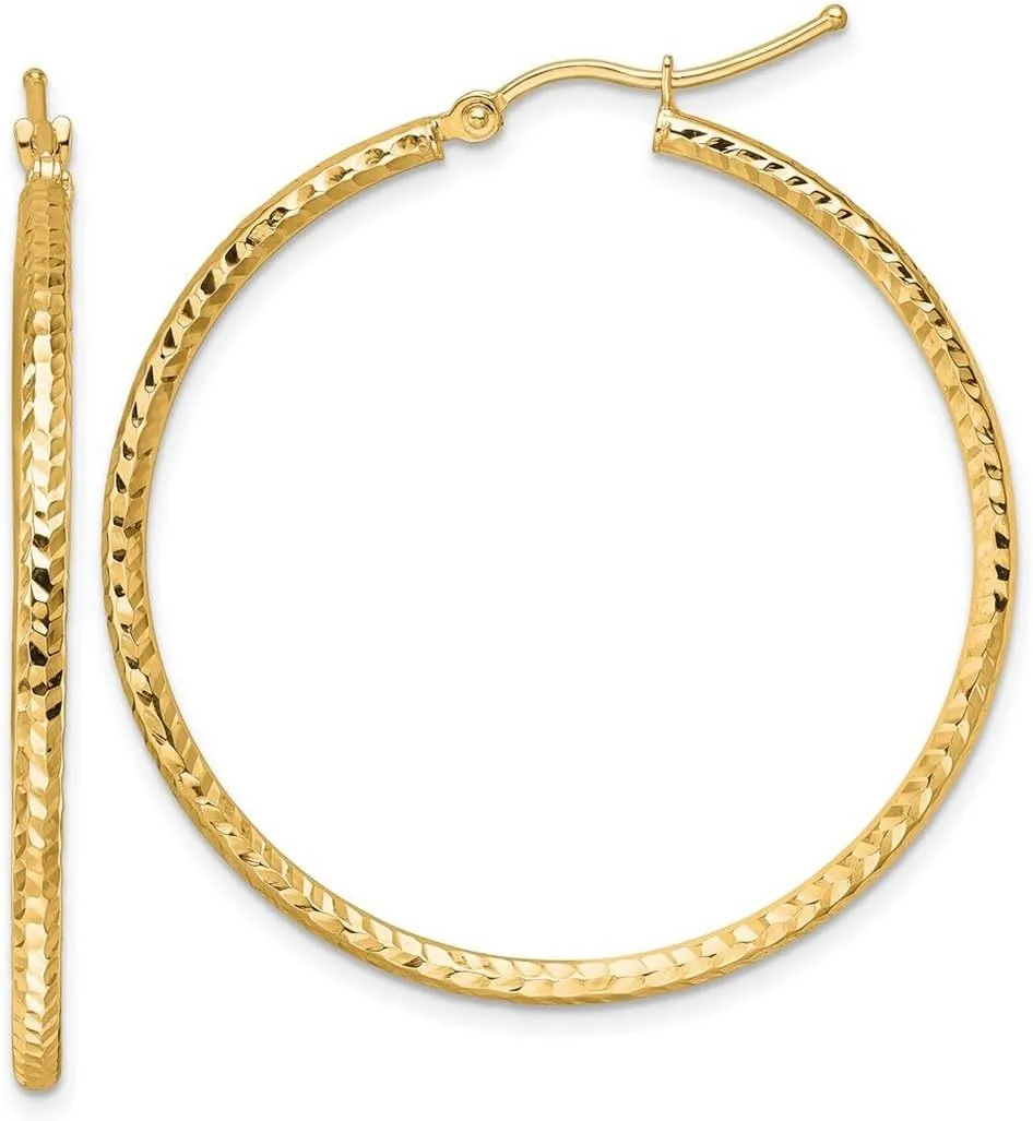 10k Solid Yellow Gold Sparkle Cut 2mm Round Tube Hoop Earrings 40x40mm Wide 2mm Thick-Hoop Earring for Women