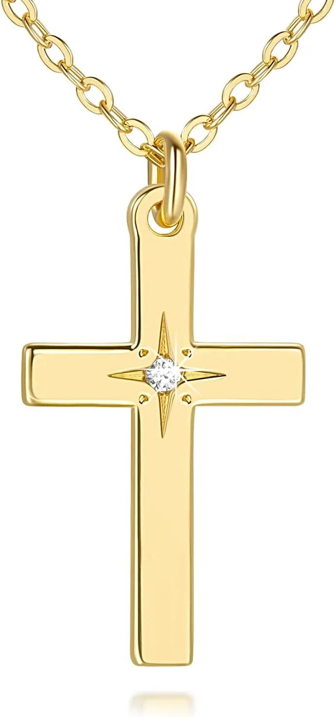 14k Gold Cross Necklace for Women Cross Pendant 1.5mm Cable Chain Gold Necklaces for Women Adjustable 17in 2in