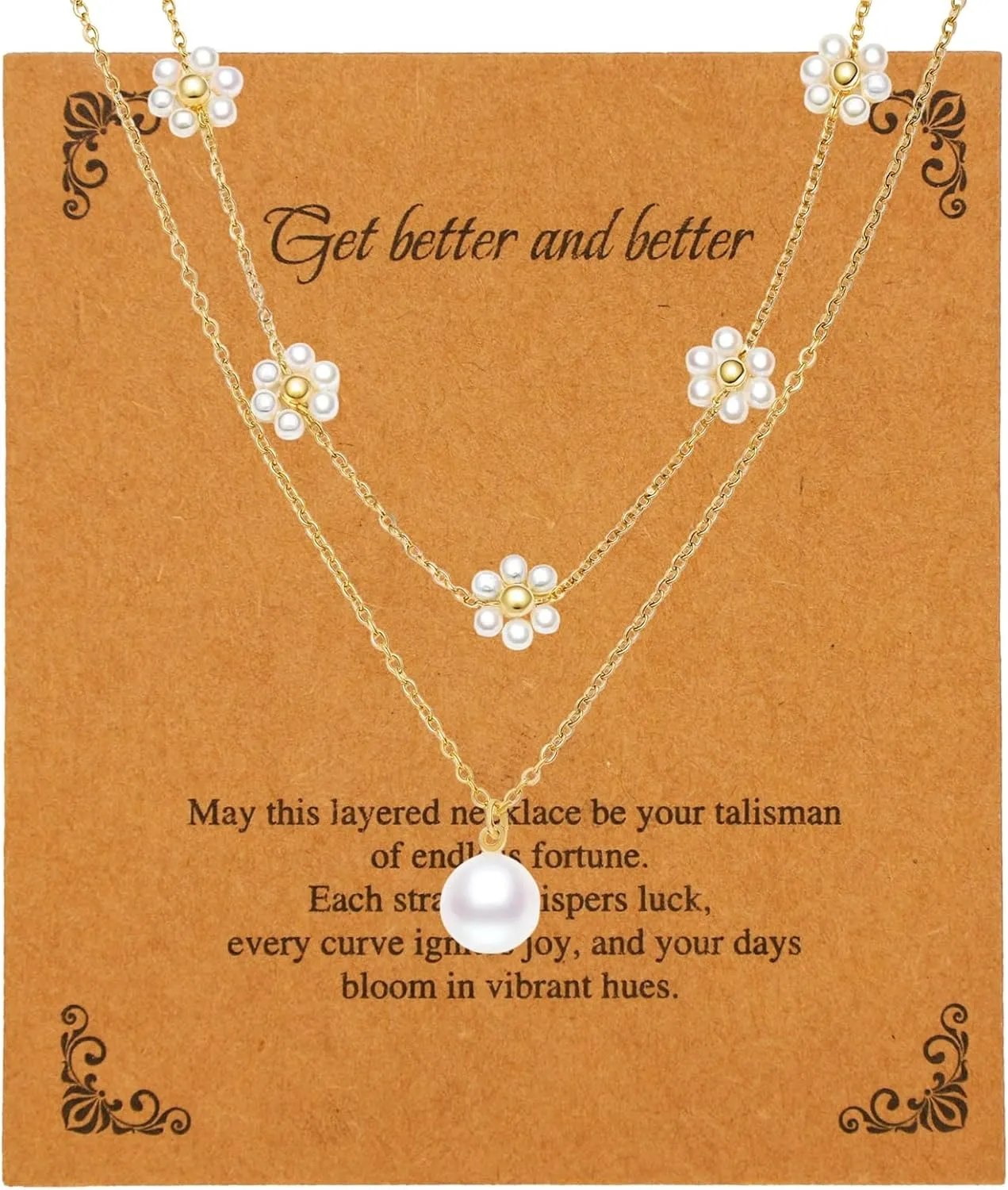 14K Gold Plated Multi-layered Pearl Necklace for Women, Freshwater Cultured Daisy Charm Pendant Jewelry Set, Dainty Floral Pearl Necklace Gifts for Birthdays Anniversaries Mothers Day
