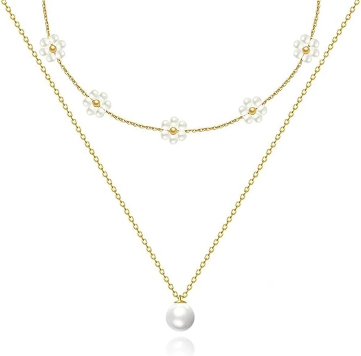 14K Gold Plated Multi-layered Pearl Necklace for Women, Freshwater Cultured Daisy Charm Pendant Jewelry Set, Dainty Floral Pearl Necklace Gifts for Birthdays Anniversaries Mothers Day