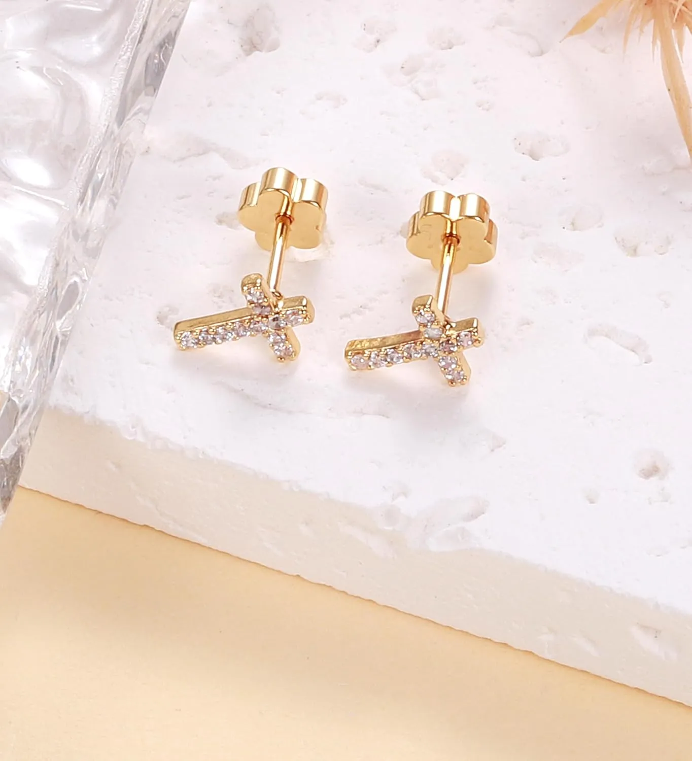 14K Gold Plated Small Stud Earrings for Girls Women Hypoallergenic Surgical Steel Cartilage Flat Back Stud Earrings Gold CZ Cross Handmade Screw Back Earrings Studs