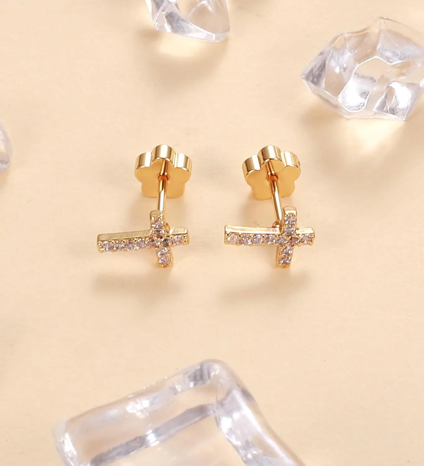 14K Gold Plated Small Stud Earrings for Girls Women Hypoallergenic Surgical Steel Cartilage Flat Back Stud Earrings Gold CZ Cross Handmade Screw Back Earrings Studs
