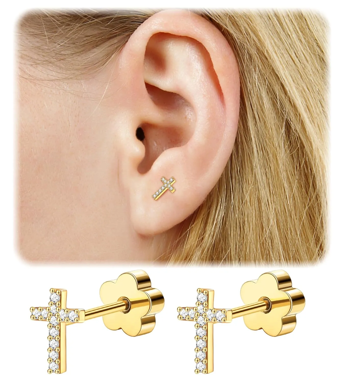 14K Gold Plated Small Stud Earrings for Girls Women Hypoallergenic Surgical Steel Cartilage Flat Back Stud Earrings Gold CZ Cross Handmade Screw Back Earrings Studs