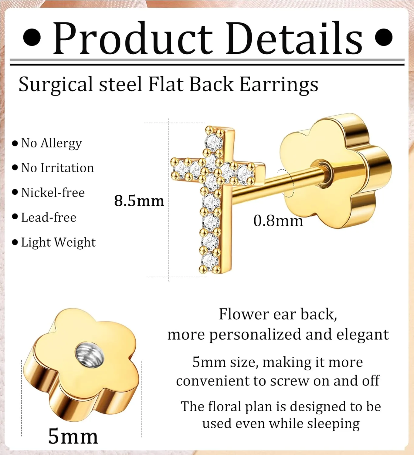 14K Gold Plated Small Stud Earrings for Girls Women Hypoallergenic Surgical Steel Cartilage Flat Back Stud Earrings Gold CZ Cross Handmade Screw Back Earrings Studs