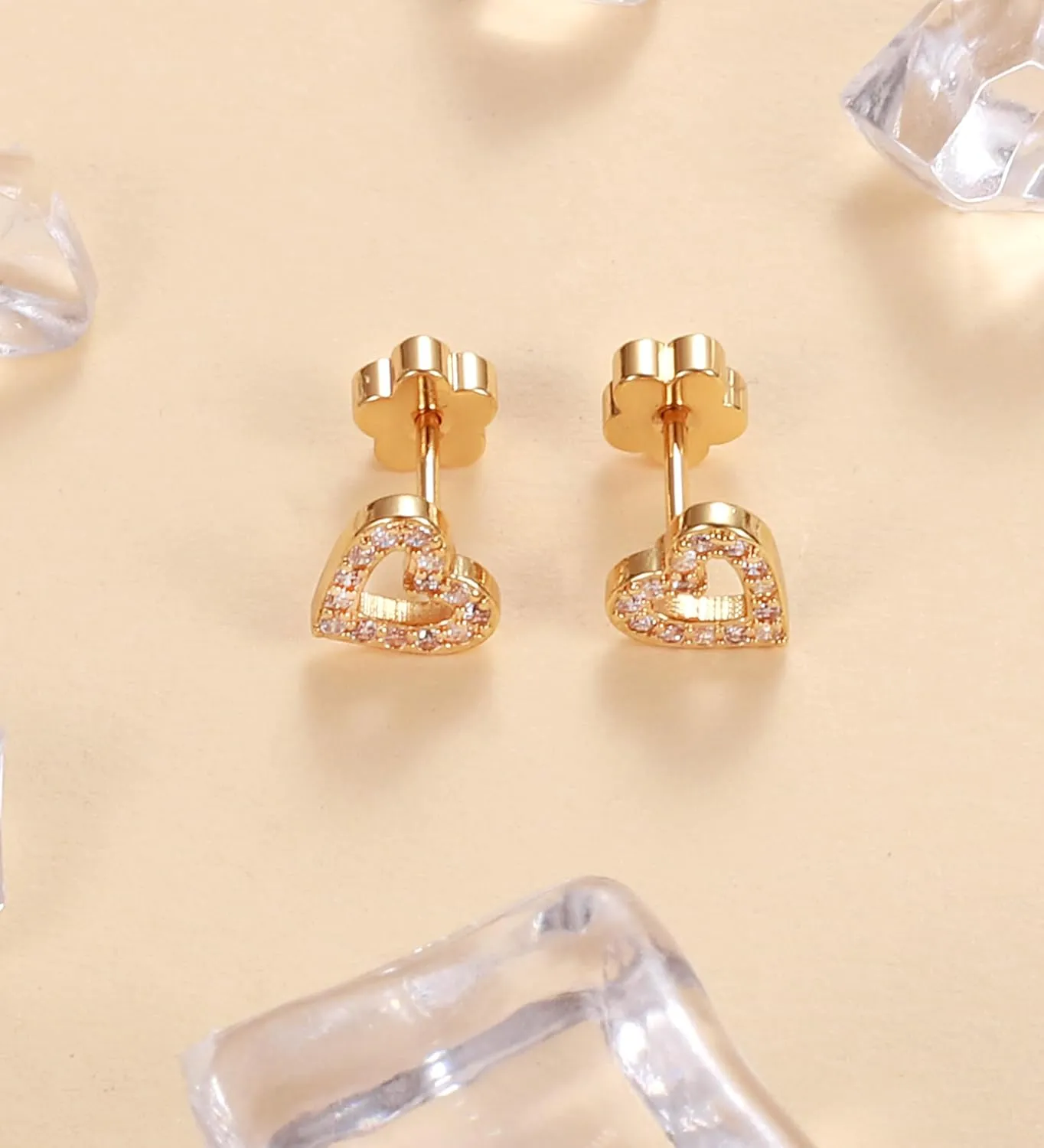 14K Gold Plated Small Stud Earrings for Girls Women Hypoallergenic Surgical Steel Cartilage Flat Back Stud Earrings Gold CZ Heart Handmade Screw Back Earrings Studs