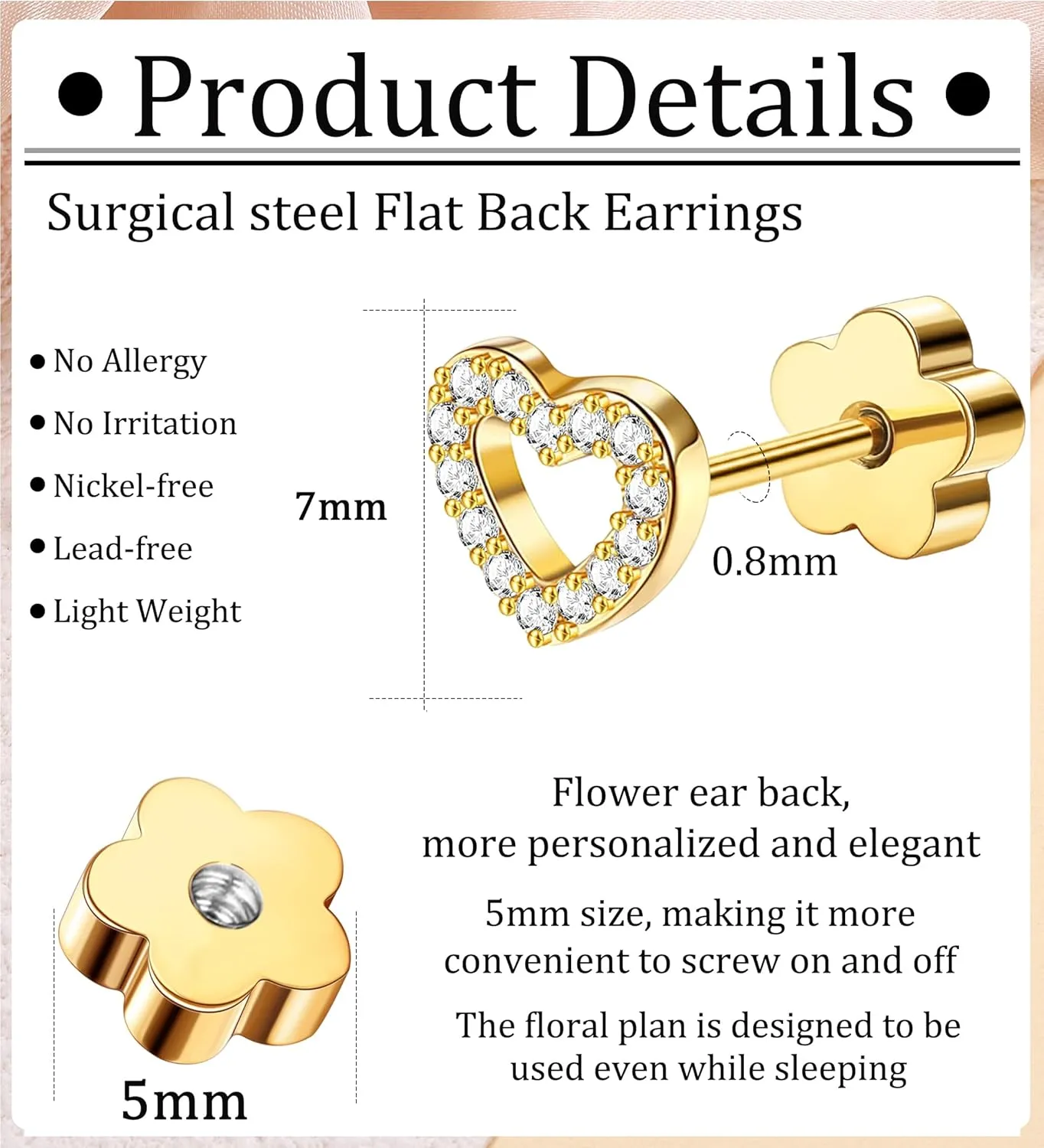 14K Gold Plated Small Stud Earrings for Girls Women Hypoallergenic Surgical Steel Cartilage Flat Back Stud Earrings Gold CZ Heart Handmade Screw Back Earrings Studs