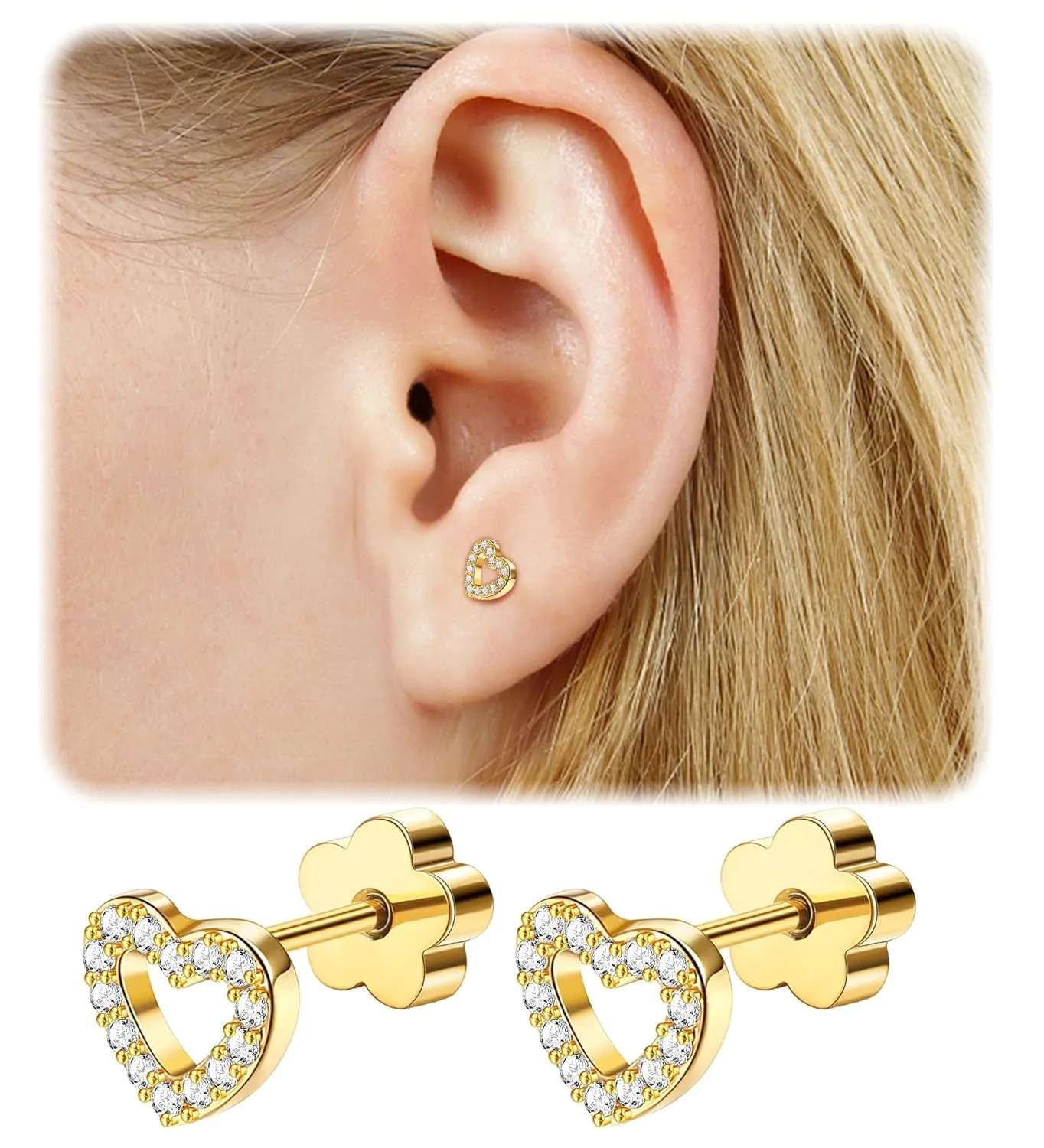 14K Gold Plated Small Stud Earrings for Girls Women Hypoallergenic Surgical Steel Cartilage Flat Back Stud Earrings Gold CZ Heart Handmade Screw Back Earrings Studs
