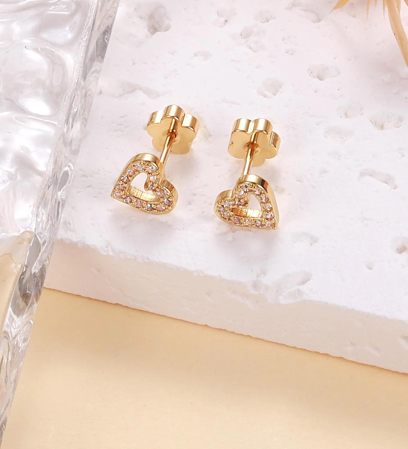 14K Gold Plated Small Stud Earrings for Girls Women Hypoallergenic Surgical Steel Cartilage Flat Back Stud Earrings Gold CZ Heart Handmade Screw Back Earrings Studs