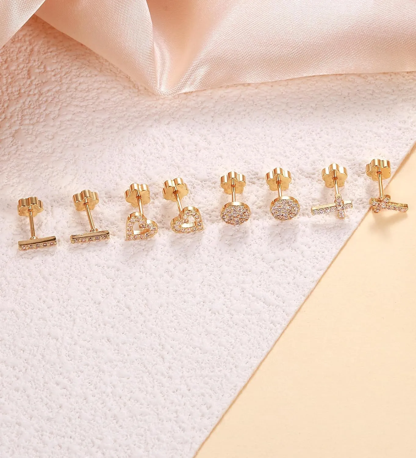 14K Gold Plated Small Stud Earrings for Girls Women Hypoallergenic Surgical Steel Cartilage Flat Back Stud Earrings Gold CZ Heart Handmade Screw Back Earrings Studs
