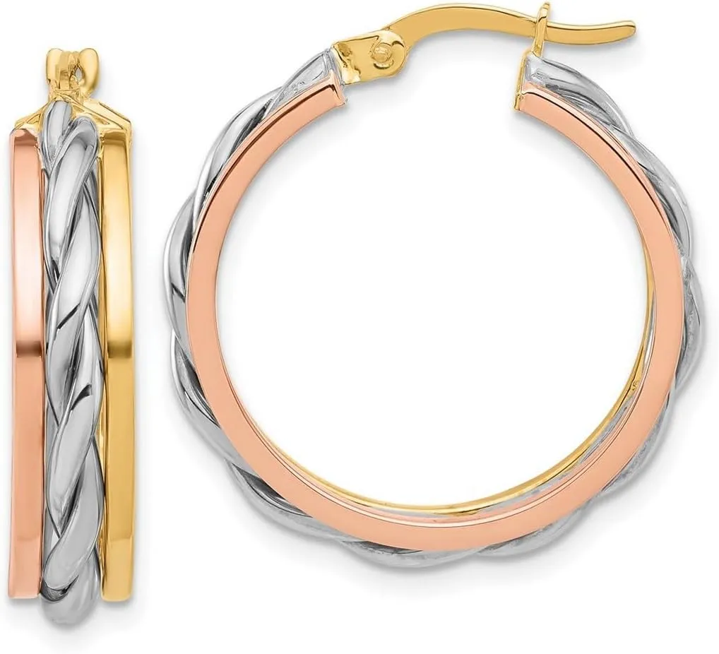 14k Solid Gold Tri color Polished Hoop Earrings 26x24.6mm Wide 5.6mm Thick-Hoop Earring for Women