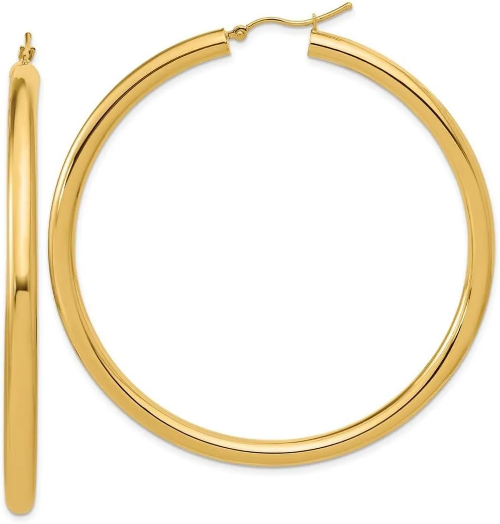 14k Solid Yellow Gold Polished 4mm-Polished Hoop Earrings 65x65mm Wide 4mm Thick-Hoop Earring for Women