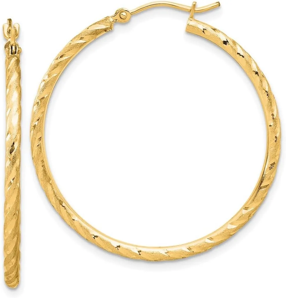 14k Solid Yellow Gold Polished and Satin Sparkle Cut 2.00mm Hoop Earrings 35.4x35mm Wide 2mm Thick-Hoop Earring for Women