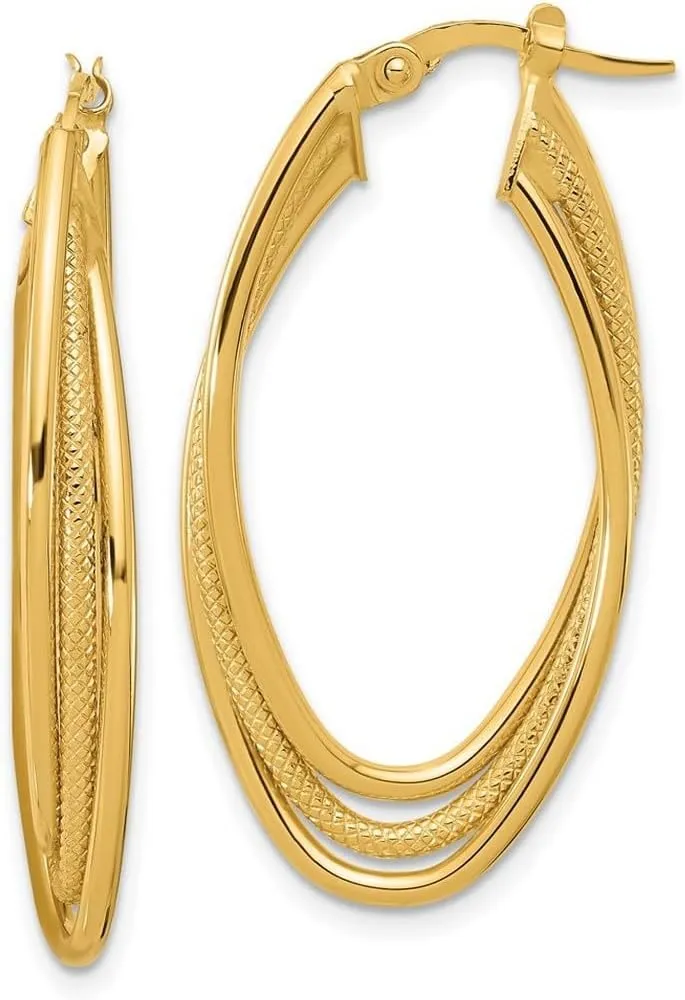 14k Solid Yellow Gold Polished and Textured Triple Oval Twist Hoop Earrings 36.65x19mm Wide 5mm Thick-Hoop Earring for Women