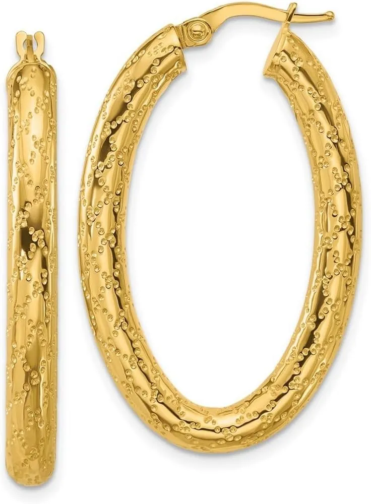 14k Solid Yellow Gold Polished Patterned Oval Hoop Earrings 36.35x23.45mm Wide 4mm Thick-Hoop Earring for Women
