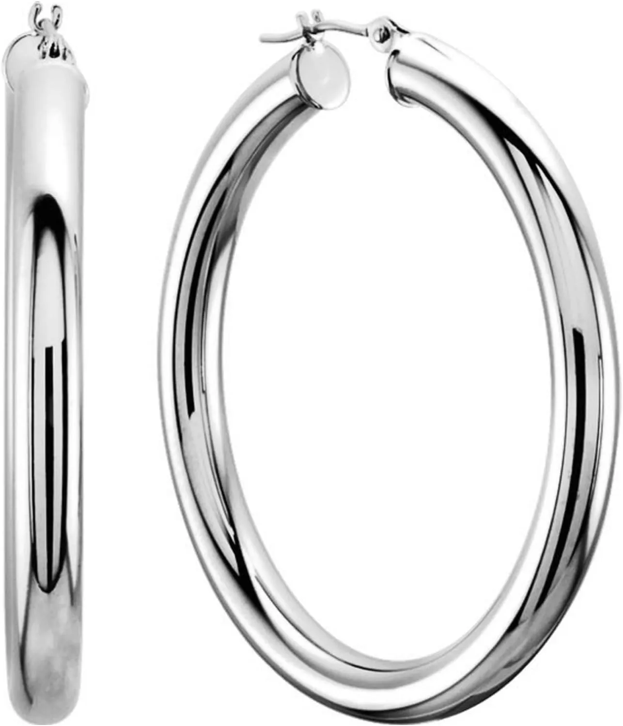 14K White Gold 3MM Shiny Round Tube Hoop Earrings, 50mm
