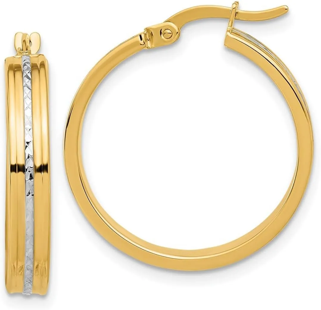 14k With White Rhodium Polished and Diamond-Cut Hoop Earrings 24.75x23.5mm Wide 4mm Thick-Hoop Earring for Women