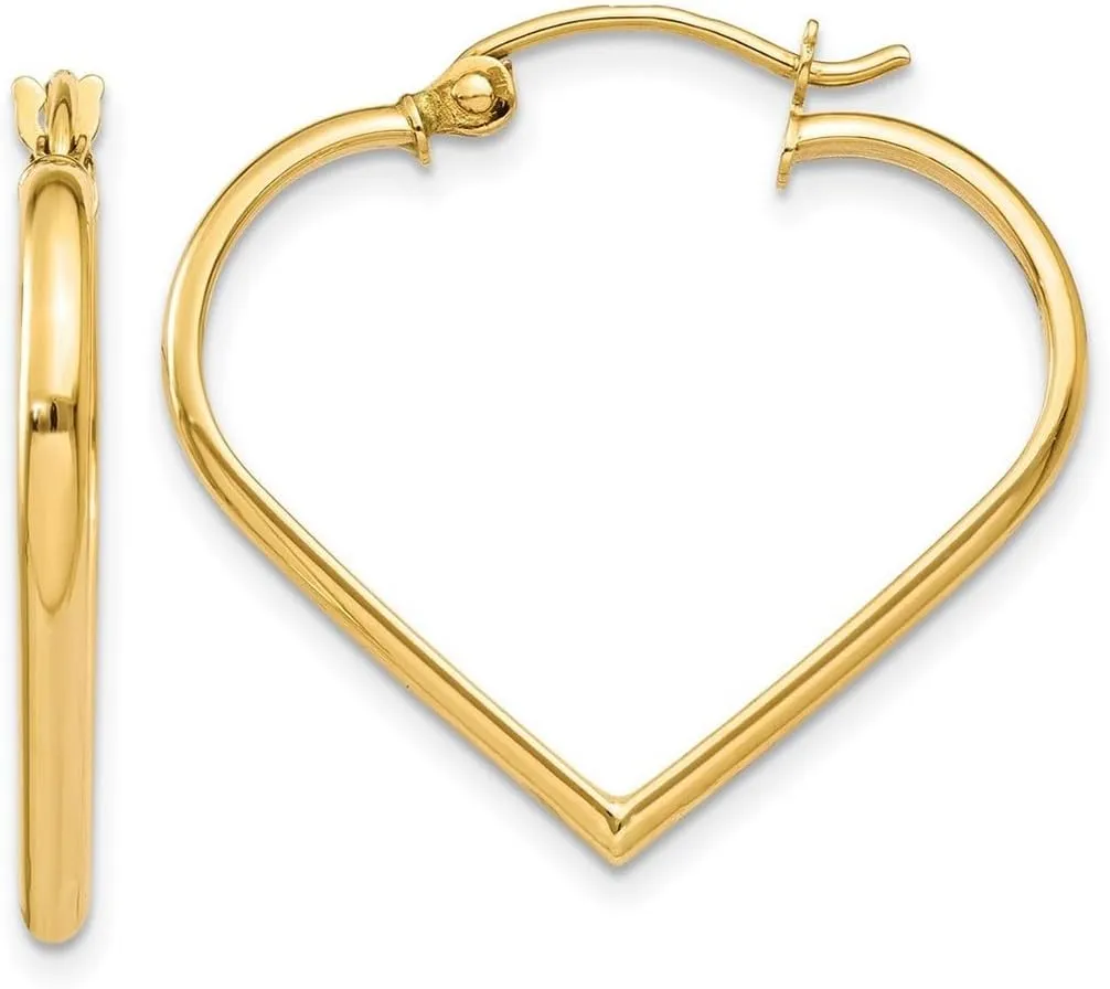 14k Yellow Gold Hinged post Polished 2mm Love Heart Hoop Earrings 18x25mm-Hoop Earring for Women