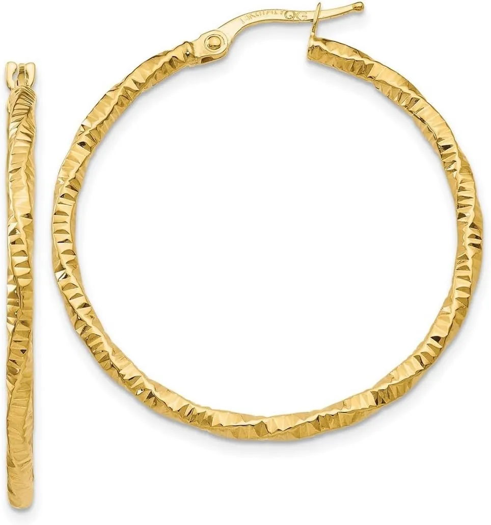 14k Yellow Gold Hollow Hinged post Polished and Textured Hoop Earrings 35x34.5mm Wide 2mm Thick-Hoop Earring for Women