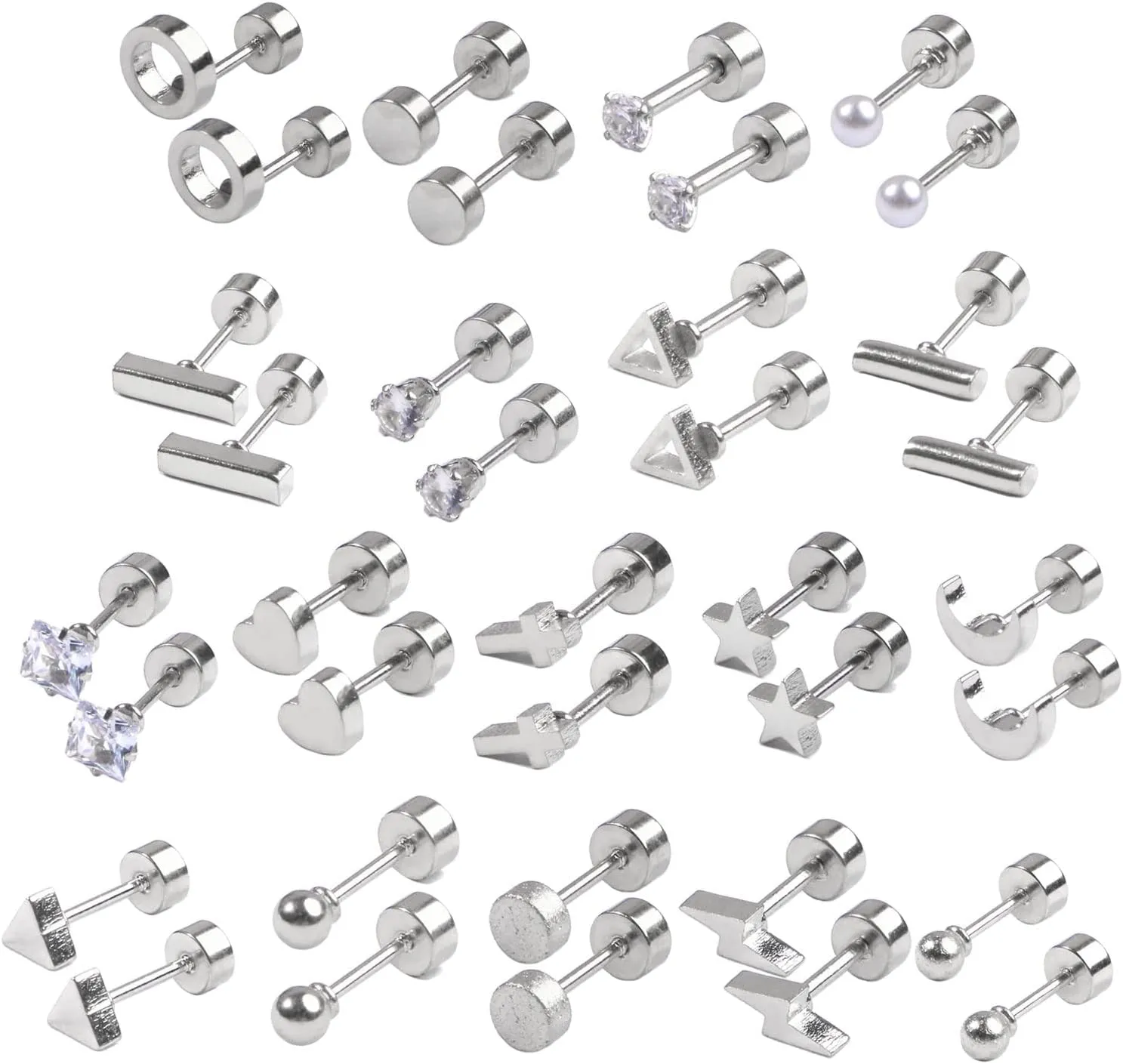 18-Pair Cartilage Earring Hypoallergenic Stainless Steel Star Moon Stud Earrings