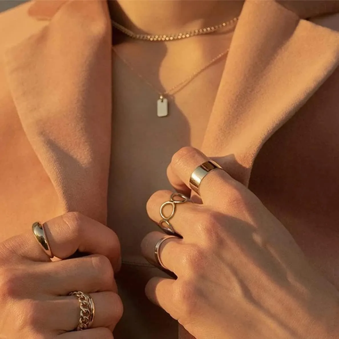 18k Gold Adjustable Circle Ring, Simple Link Chain Knuckle Rings CZ, Fashion Stacking Finger Jewelry