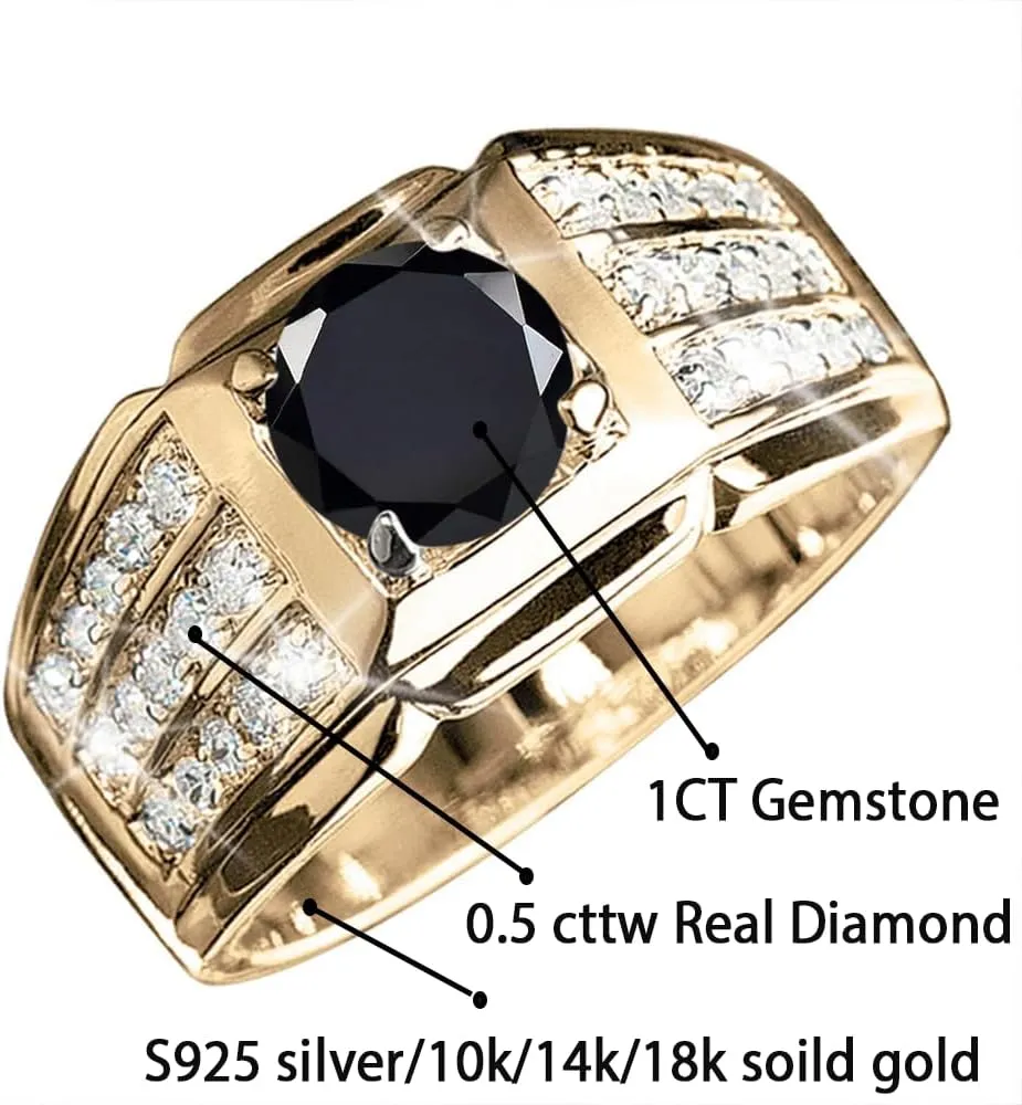 1CT Gemstone Men Ring with 0.5 cttw Real Diamond for Men in 10K 14K 18K Solid Gold Promise Rings (I2-I3 Clarity)
