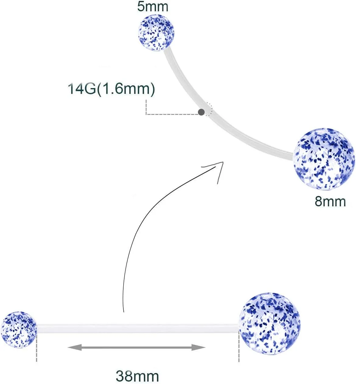 1PCS With White Sphere 1.6mm(14G) Navel Belly Studs Acrylic Belly Button Rings Body Piercing Barbells Piercing Jewelry Acrylic Transparent Plastic 38mm