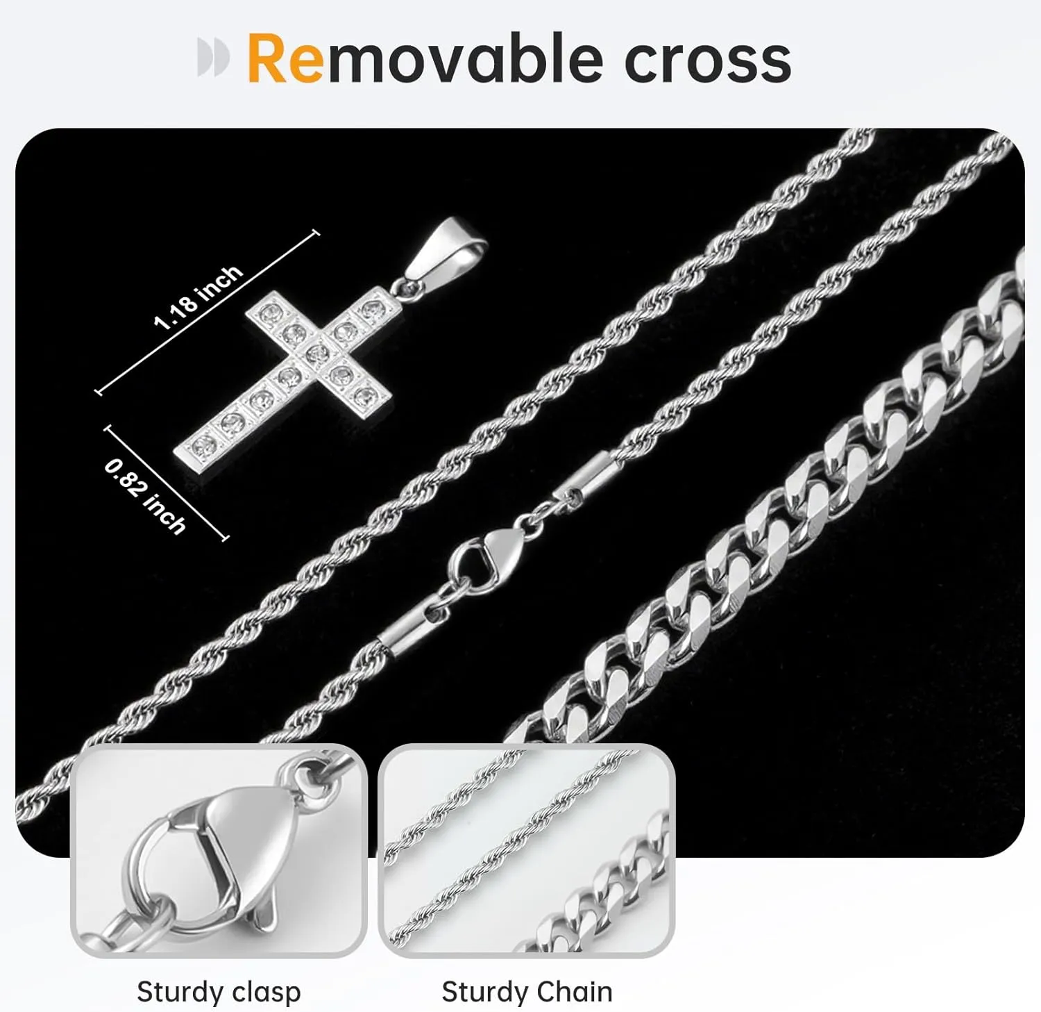 2Pcs Cross Necklace for Men, Cuba Silver Mens Cross Necklaces Stainless Steel Cross Pendant Necklace Simple Jewelry Gifts Cross Chain Necklace for Men