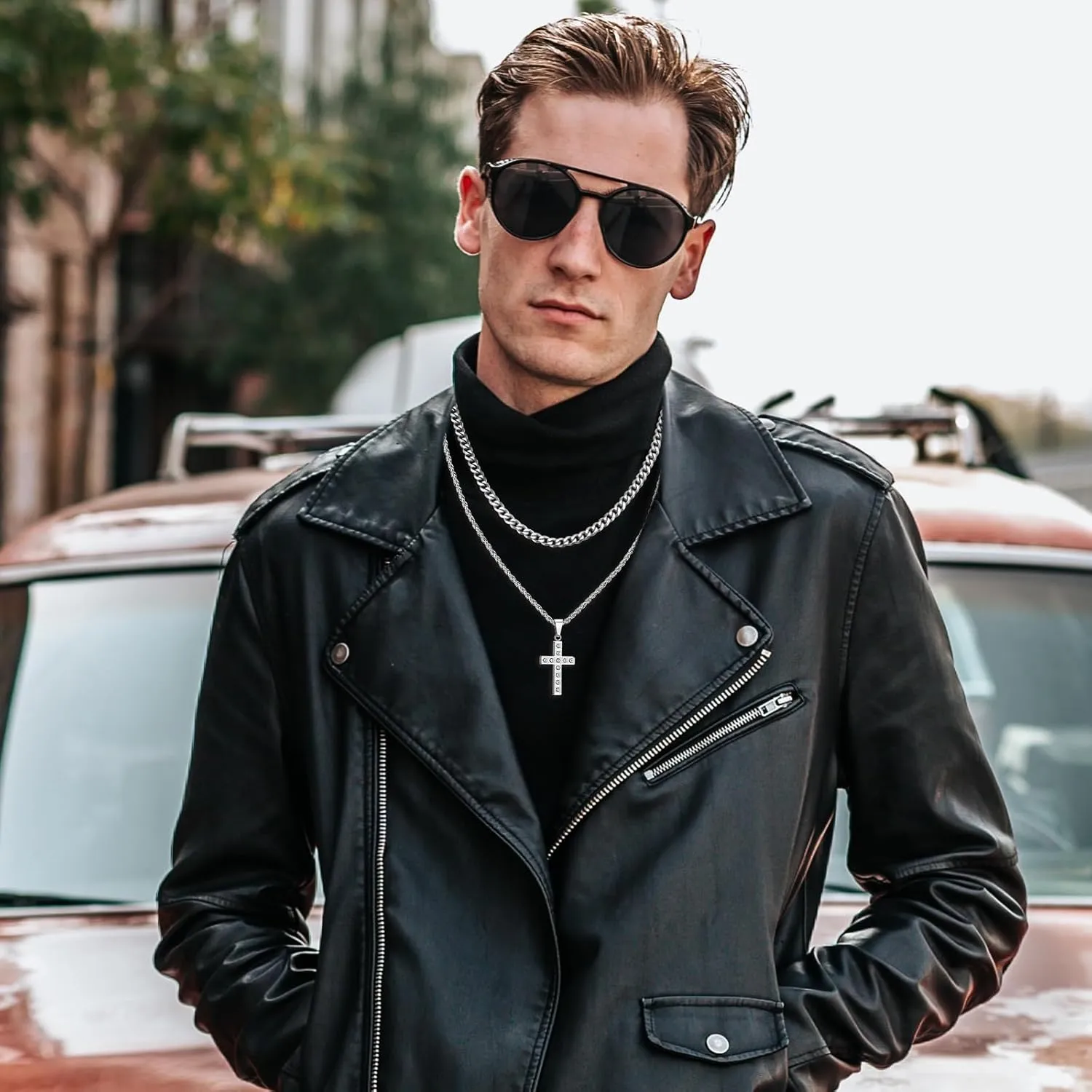 2Pcs Cross Necklace for Men, Cuba Silver Mens Cross Necklaces Stainless Steel Cross Pendant Necklace Simple Jewelry Gifts Cross Chain Necklace for Men