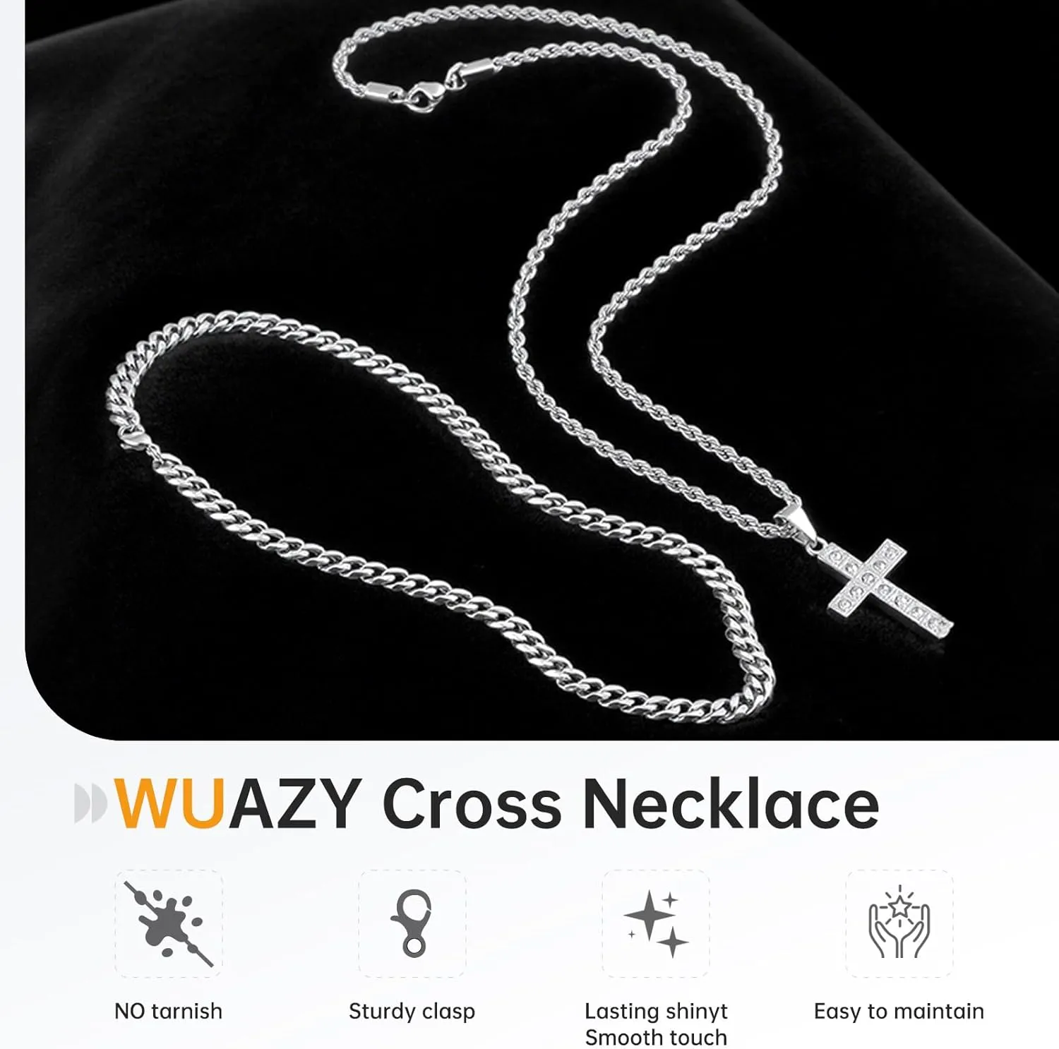2Pcs Cross Necklace for Men, Cuba Silver Mens Cross Necklaces Stainless Steel Cross Pendant Necklace Simple Jewelry Gifts Cross Chain Necklace for Men