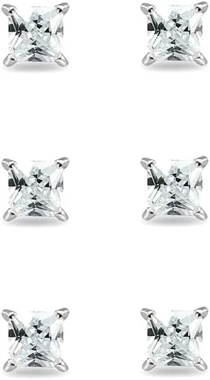 3-Pair Set Sterling Silver Cubic Zirconia Princess-Cut 6mm Square Stud Earrings