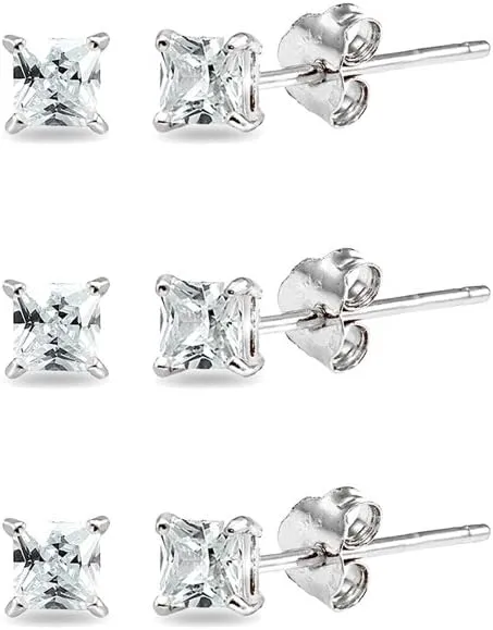 3-Pair Set Sterling Silver Cubic Zirconia Princess-Cut 6mm Square Stud Earrings