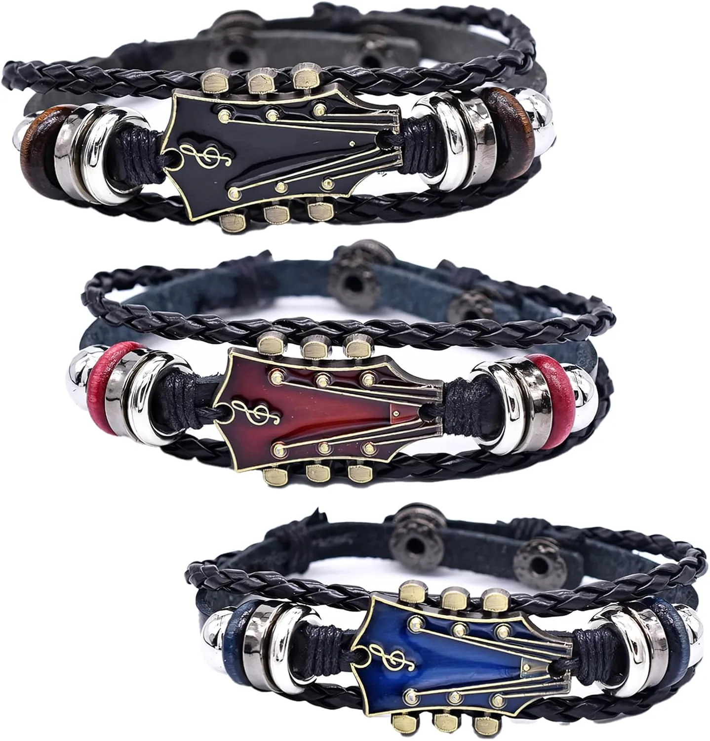 3 Pcs Black Guitar Bracelets for Men Retro Musical Theme Guitar Leather Bracelets Unique Layered Bead Braided Punk Style Wristbands Music Festival Punk Rock Jewelry Gifts