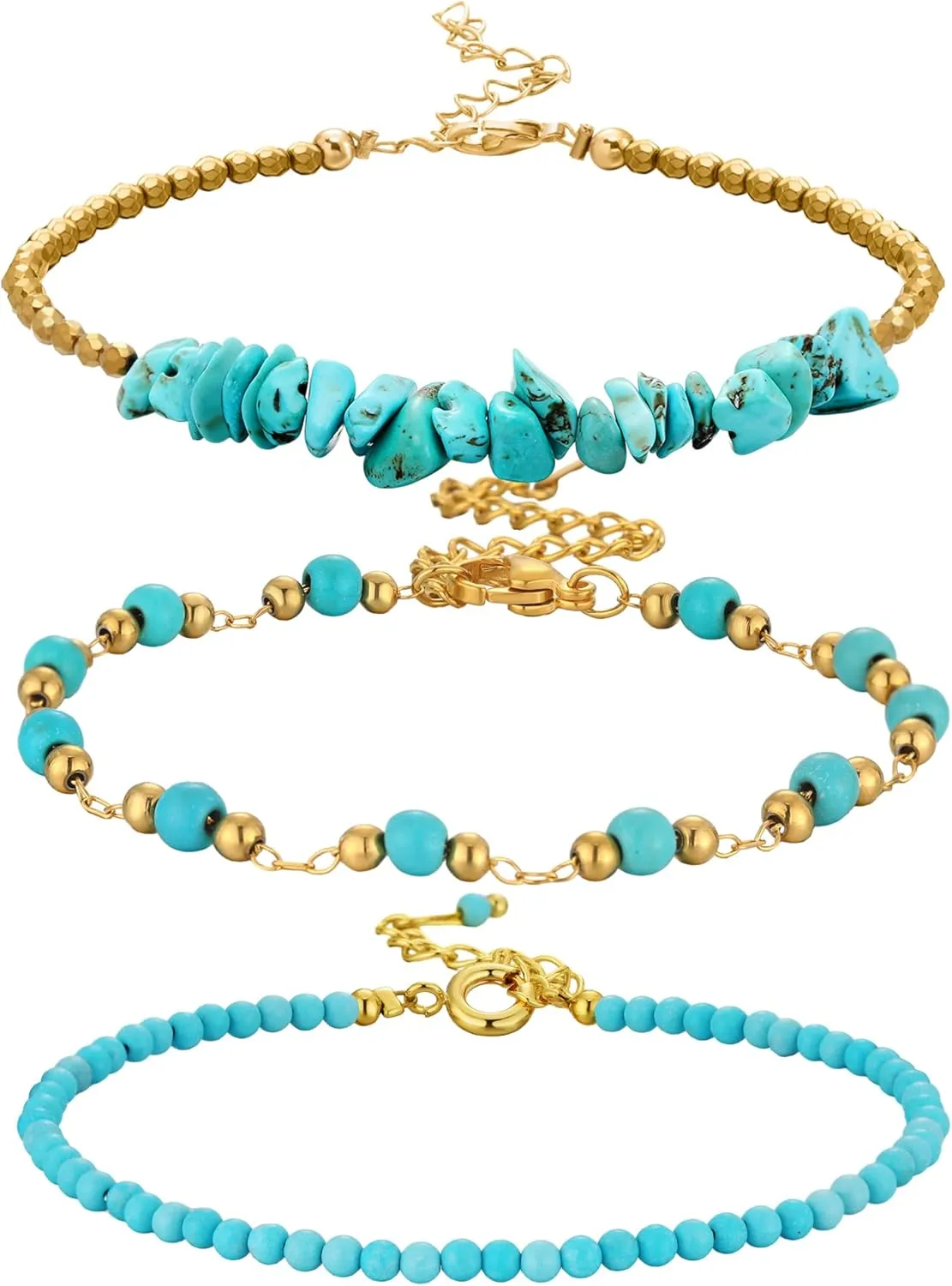 3 Pcs Turquoise Gold Beaded Bracelets for Women Western Bracelets Round Beads Dainty Bracelet Bohemian Jewelry