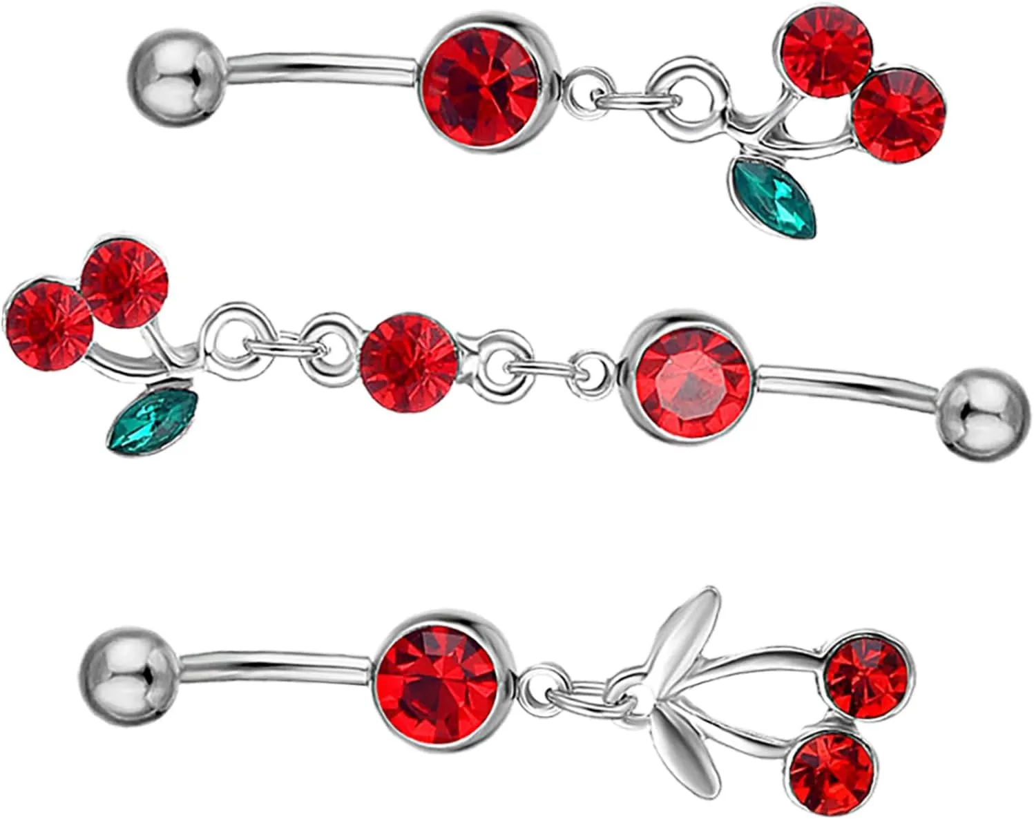 3Pcs Cherry Charm Navel Ring Body Piercing Jewelry with Rhinestone Cute Belly Button Decor for Festivals and Parties