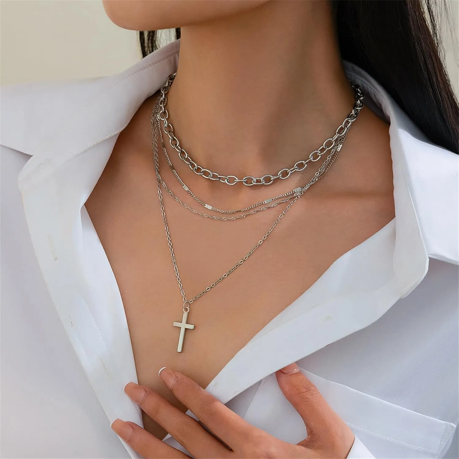 3Pcs Dainty Layered Gold Necklaces for Women,Vintage Punk Cross Pendant Necklace Gold Silver Stackable Cross Choker Sparkly Zircon Necklaces Jewelry