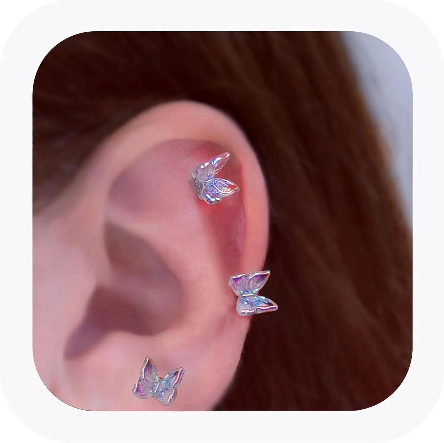 3pcs Purple Butterfly Cartilage Piercing Earrings, 20g Surgical Steel Helix Stud Jewelry, Screw-Back Externaly Threaded