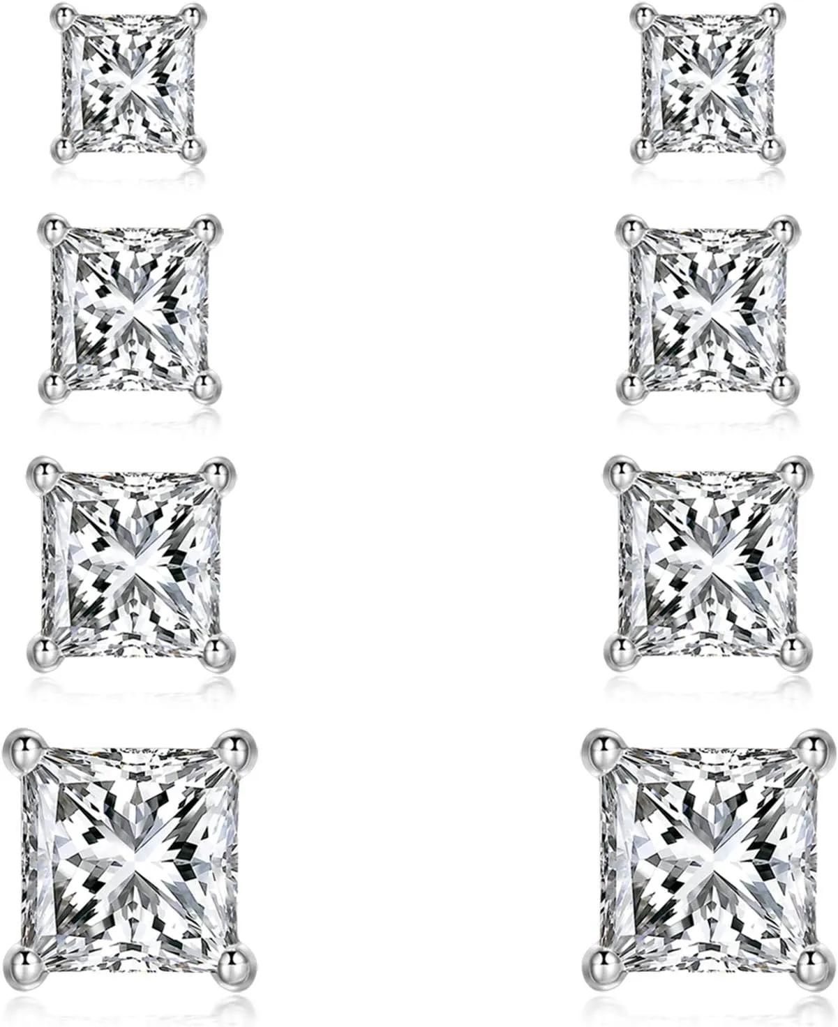4 Pairs 925 Sterling Silver Princess Cut Cubic Zirconia Stud Earrings Set | Small Cartilage CZ Hypoallergenic Tragus Piercing Earrings for Women Men 3mm 4mm 5mm 6mm