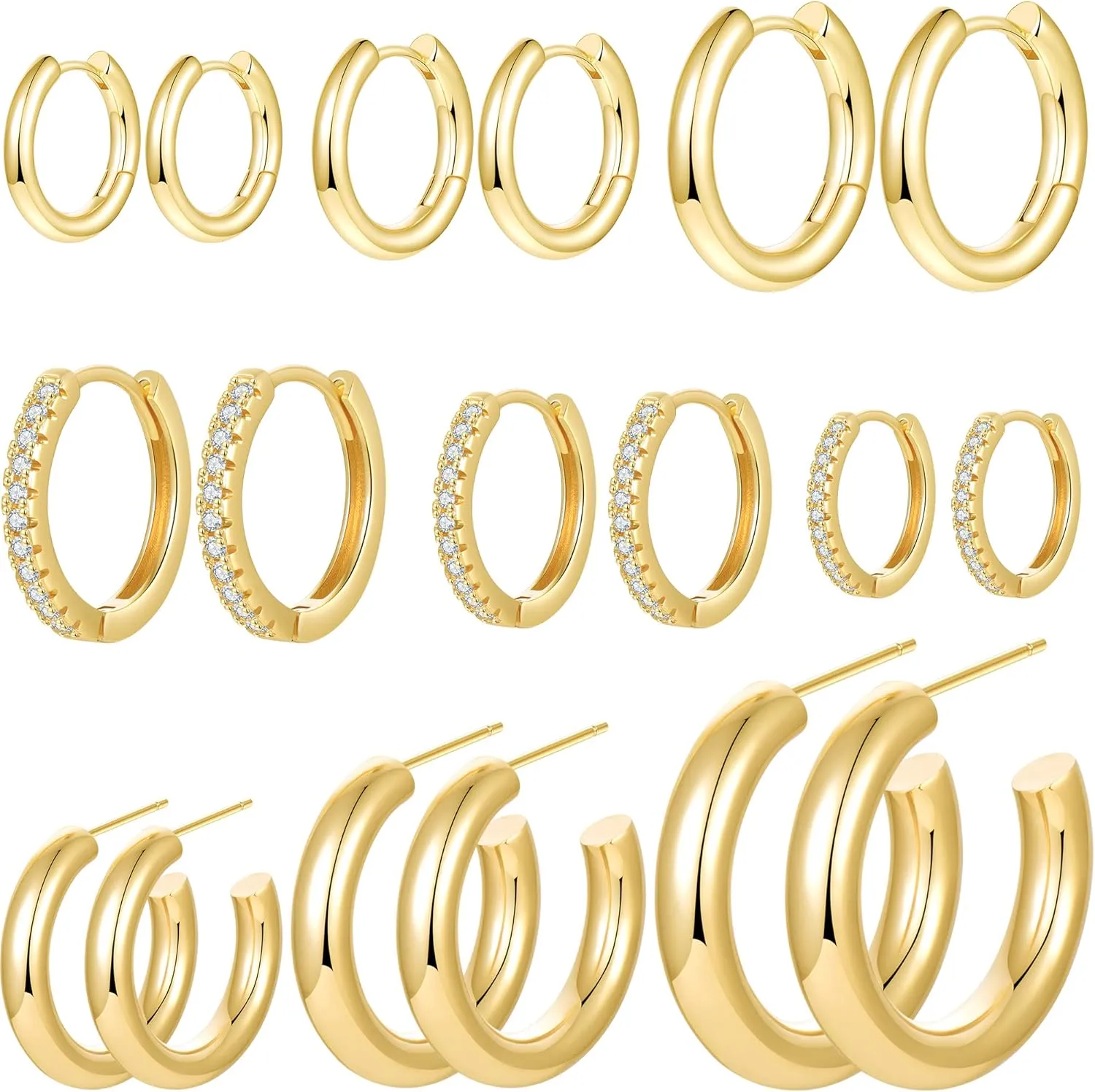 4/9 Pairs Chunky Gold Waterdrop Hoop Earrings Hypoallergenic 14K Gold Hoops Earrings Thick Teardrop Earrings U shape Huggie earrings Set for women