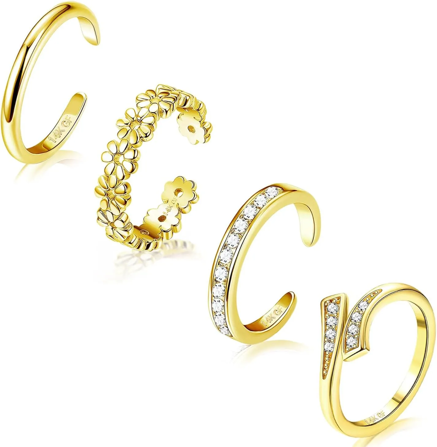 4PCS 14K Gold Filled Toe Rings for Women Adjustable Hug Flower Simple Band CZ Toe Ring Set Open Adjustable Toe Rings Summer Beach Foot Jewelry Set