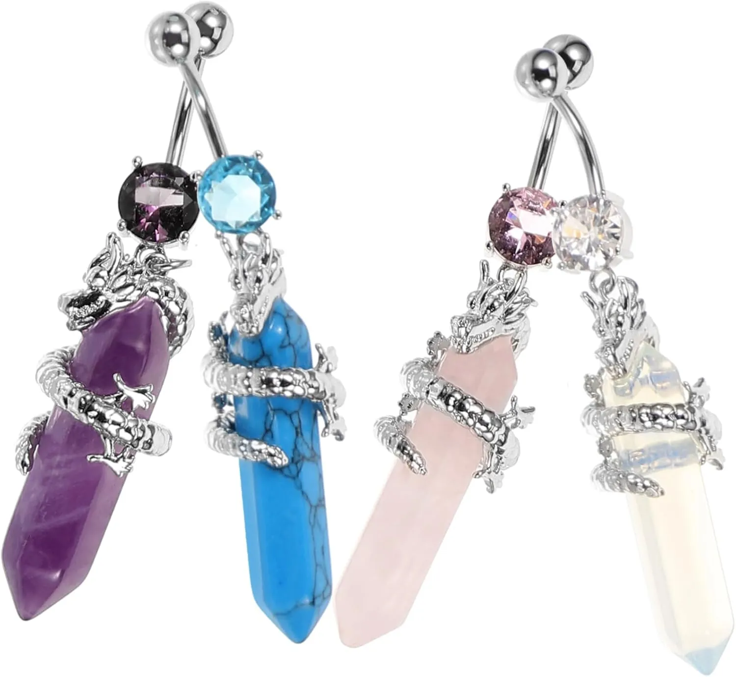 4Pcs Zircon Belly Rings for Women Pierced Jewelry Navel Decorations Amethyst Opal for Beach Parties and