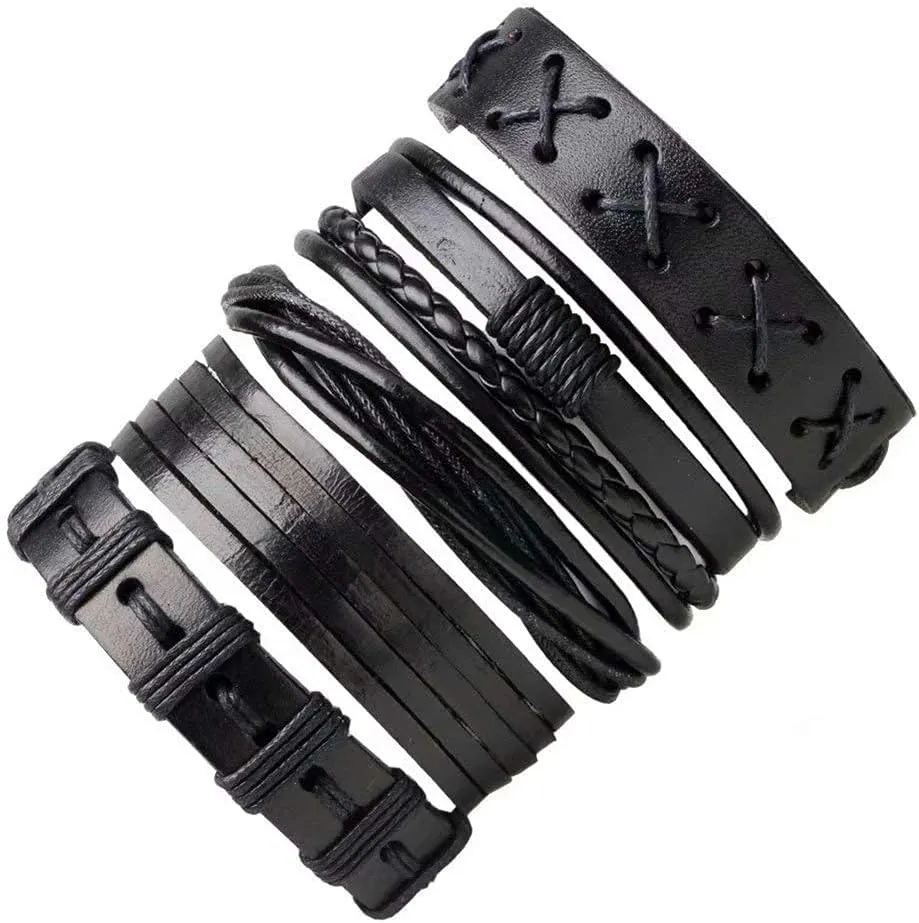 5pcs Braided Leather Bracelets for Wrap Wood Beads Bracelet Woven Ethnic Tribal Rope Wristbands Bracelets Set Adjustable