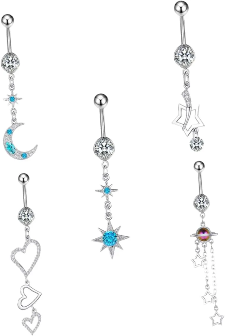 5Pcs Long Dangle Navel Rings Stylish Belly Button Piercing Jewelry Zircon Elegant Body Jewelry for Parties Everyday Wear Comfortable Design