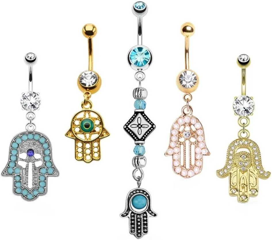 (5PCS) Mixed Color and Design Hamsa Navel Belly Rings 14G