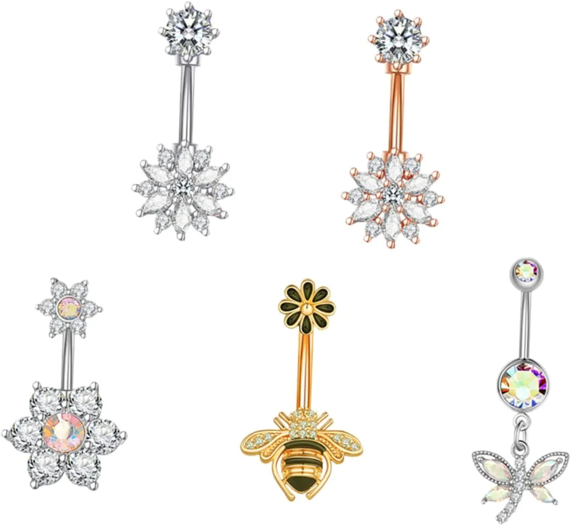 5Pcs Zircon Belly Button Rings Jewelry for Women Stylish Dangle Navel Piercing with Floral and Animal Designs for Festivals Parties and