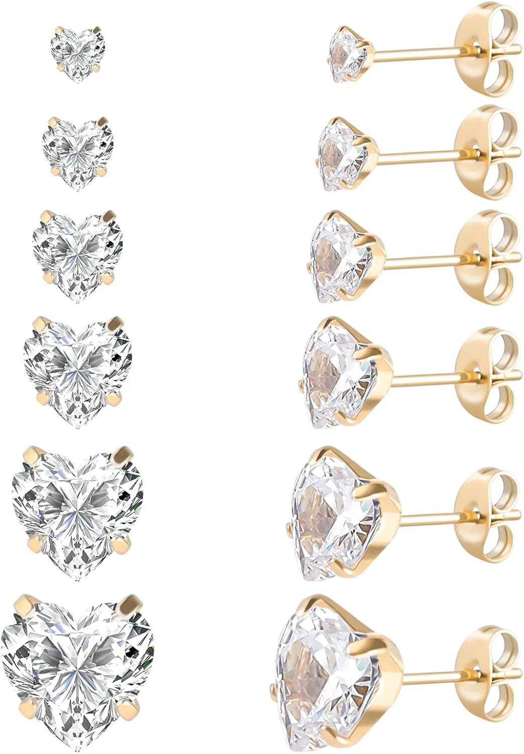 6 Pairs Surgical Stainless Steel Screw back Stud Earrings, 18K Gold Plated Heart Star Square Princess Cut Round Cubic Zirconia CZ Stud Earrings Set